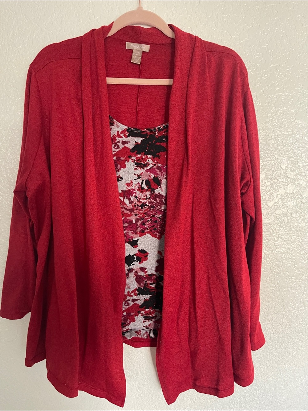 Dana Buchman Red Open-Front Cardigan with Floral Tank Layer